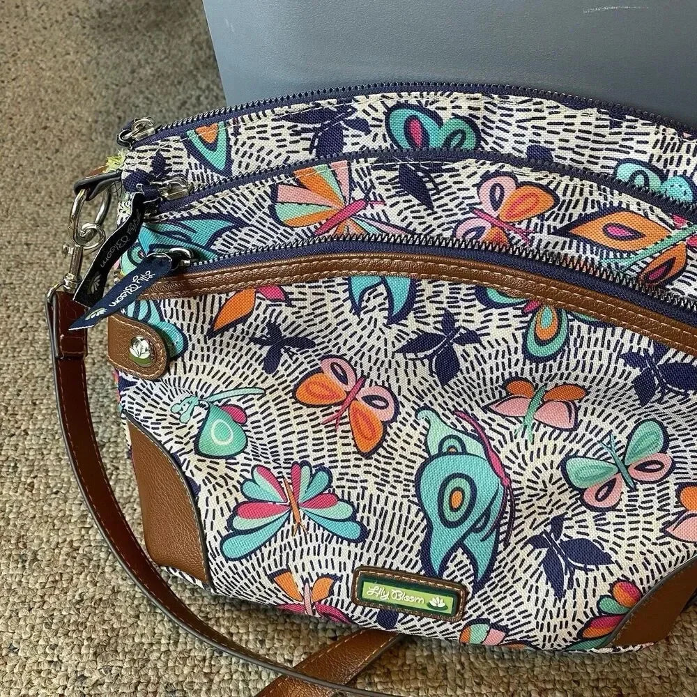 Lily Bloom Purse Crossbody Bag Night Flight Butterfly Zipper Multiple Pockets - Picture 4 of 10